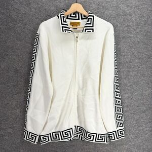 Prestige Jacket Women XL White Geometric Full Zip Collared Long Sleeve Cotton
